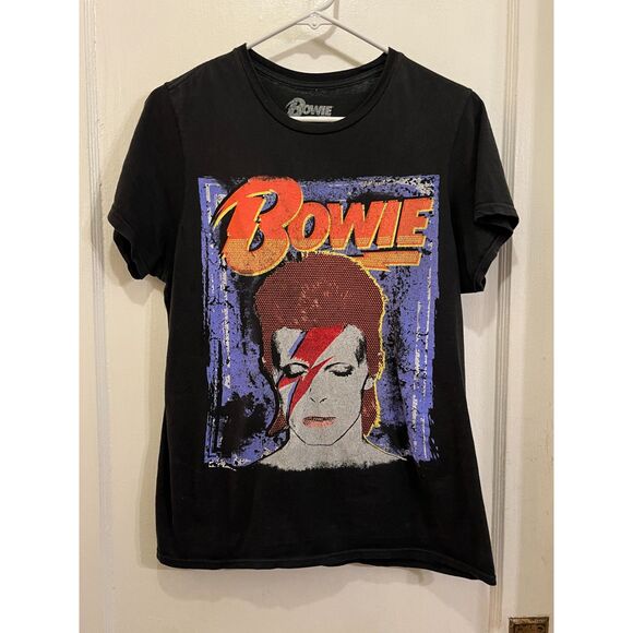 David Bowie Black Glitter Ziggy Stardust T Shirt Tee Top  Women's Size Small - Picture 2 of 8